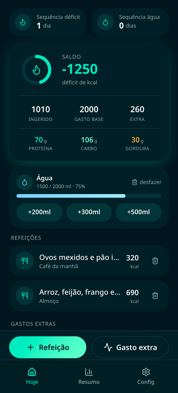 Tela inicial do Kalori mostrando saldo de calorias do dia, macros, meta de água e refeições registradas